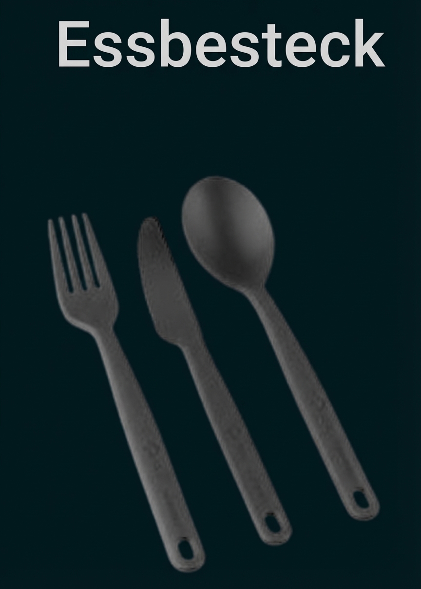 Schwarzes Essbesteck aus Kunststoff: Gabel, Messer und Löffel auf weißem Hintergrund.